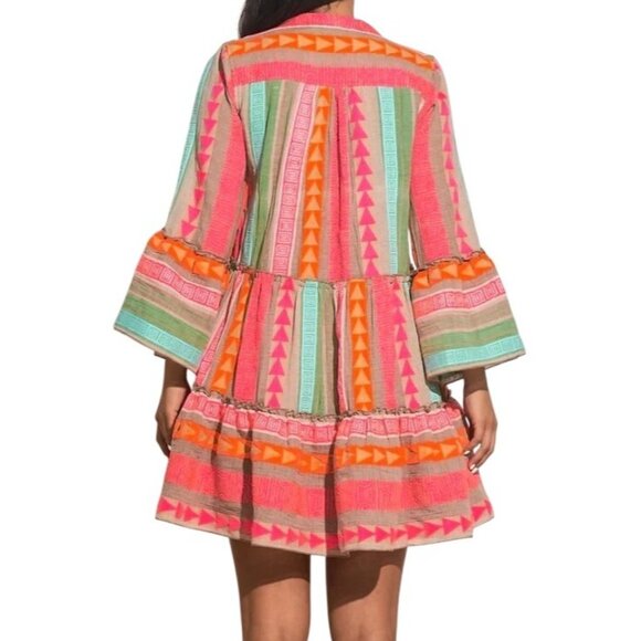 Anthropologie Luisa Perla Tiered Split Neck Bell Slevee Aztec Tribal Dress Small - Picture 2 of 16